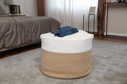 24" x 24" x 17" Max Size Large Cotton Rope Basket, Extra Large Storage Basket, Woven Laundry Hamper, Cloth Storage Bin, for Blankets Clothes Towels Pillows in Living Room, Beige