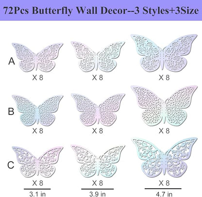 72Pcs 3D Butterfly Wall Decor 3 Sizes 3 Styles, Removable Butterfly Stickers Wall Decals, Butterfly Decorations Party Birthday Cake Decoration for Kids Nursery Wedding Bedroom Room(Colour)