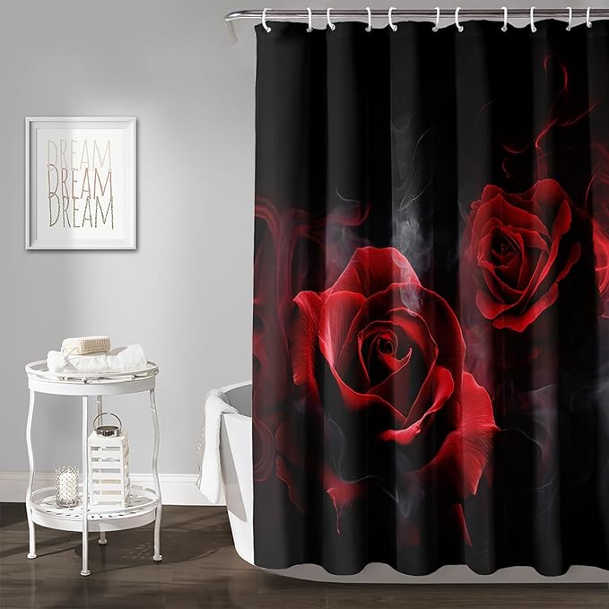 AILONEN Red and Black Rose Shower Curtain,Romantic Smoky Luxury Rose Bathroom Decor,Red Flower Garden Floral Bath Curtain,Waterproof 72" W x 72" H