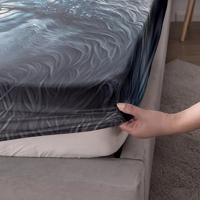 AILONEN Boys Wolf Fitted Sheet Set Twin Size, 3 Pieces Wildlife Bed Sheet Set,Evening Moon Wolf Sheet Set for Boys Teen Men,Wolves Print Fitted Sheet with 2 Pillowcases