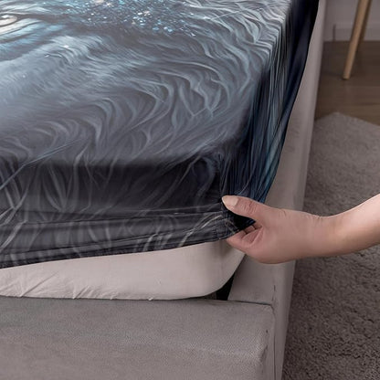 AILONEN Boys Wolf Fitted Sheet Set Full Size, 3 Pieces Wildlife Bed Sheet Set,Evening Moon Wolf Sheet Set for Boys Teen Men,Wolves Print Fitted Sheet with 2 Pillowcases