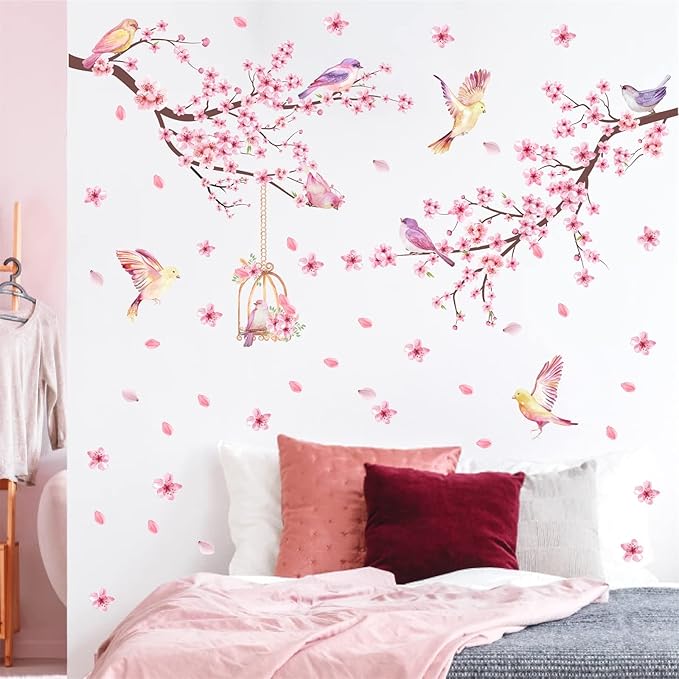 Cherry Blossom Wall Decal Peel and Stick Wall Art Decals Pink Flower Wall Decals Tree Branch Birds Wall Stickers Spring Cherry Flowers Wall Decals for Living Room Bedroom Kitchen Nursery Window Decor