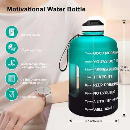 QuiFit Motivational Gallon Water Bottle - with Straw & Time Marker BPA Free Large Reusable Sport Water Jug with Handle for Fitness Outdoor Enthusiasts Leak-Proof