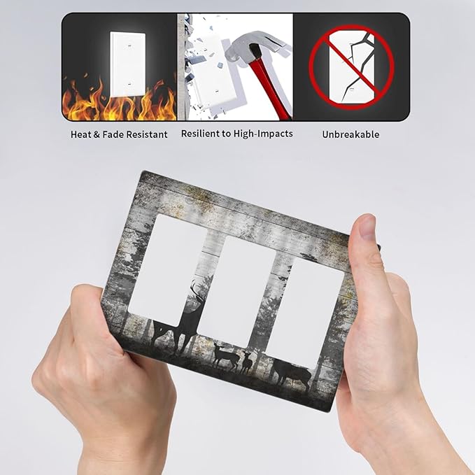 Rustic Deer Forest Vintage Wood Board 3 Gang Rocker Boho Light Switch Covers Decorative Country Unique Triple Outlet Wall Plate Cover Faceplate Decorative Switchplate GFCI for Farmhouse