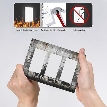 Rustic Deer Forest Vintage Wood Board 3 Gang Rocker Boho Light Switch Covers Decorative Country Unique Triple Outlet Wall Plate Cover Faceplate Decorative Switchplate GFCI for Farmhouse