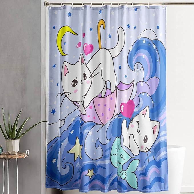 AILONEN Cute Cat Shower Curtain,Kawaii Cartoon Mermaid Kitten Polyester Cloth Bath Curtain Set for Girls Boys,Kittens with Spray Waterproof Shower Curtains for Bathroom, 72" W*78" H Blue