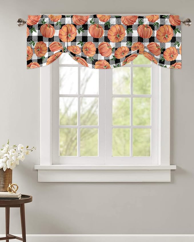 Fall Blackout Tie Up Valance Curtains for Kitchen Windows Thanksgiving Halloween Pumpkins Window Toppers Balloon Shades for Living Room/Bathroom/Bedroom,54" X 18" Farmhouse Black White Buffalo Plaid