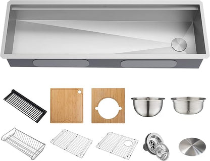 Kraus KWU210-57 Kore 2-Tier Workstation Undermount 16 Gauge Stainless Steel Single Bowl Kitchen Sink with 10 Piece Chef’s Kit of Accessories, 57 inch
