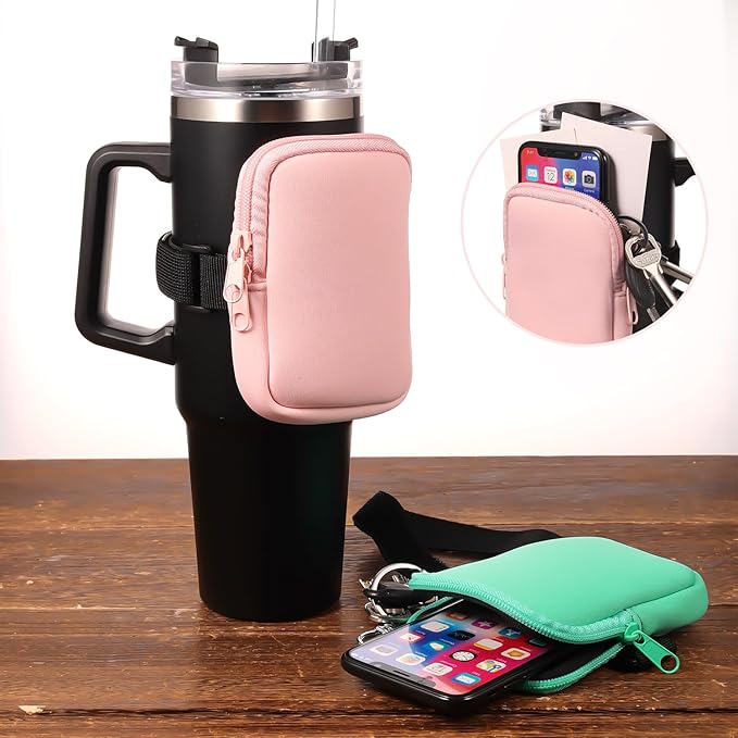 2pcs Water Bottle Pouch for Stanley, Zipper Pouch for Stanley Cup Adjustable Gym Bottle Pouch Pink & Green Multifunctional Water Bottle Pouch for Tumblers Quencher Adventure 40oz&IceFlow 20oz 30oz