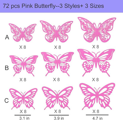 72Pcs 3D Butterfly Wall Decor 3 Sizes 3 Styles, Butterfly Decorations Party Birthday Cake Decoration, Removable Butterfly Wall Stickers for Kids Nursery Wedding Bedroom Room Decor(Pink)