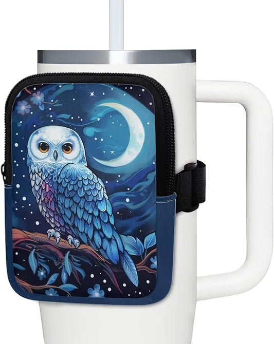 Owl Moon Stanley Cup Pouch with Adjustable Strap Water Bottle Storage Bag 20oz-40oz IceFlow Tumbler Pouch for Stanley Accessories