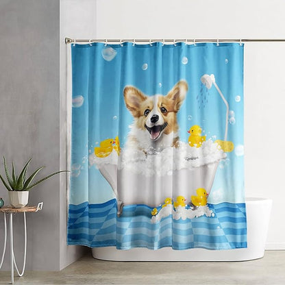 AILONEN 3D Bathtub Dog Shower Curtain for Kids 72" W*84" H Kawaii Shower Puppy and Bathtub Yellow Duck Shower Curtain,Polyester Waterproof Fabric Decor for Bathroom Bathtub Panels