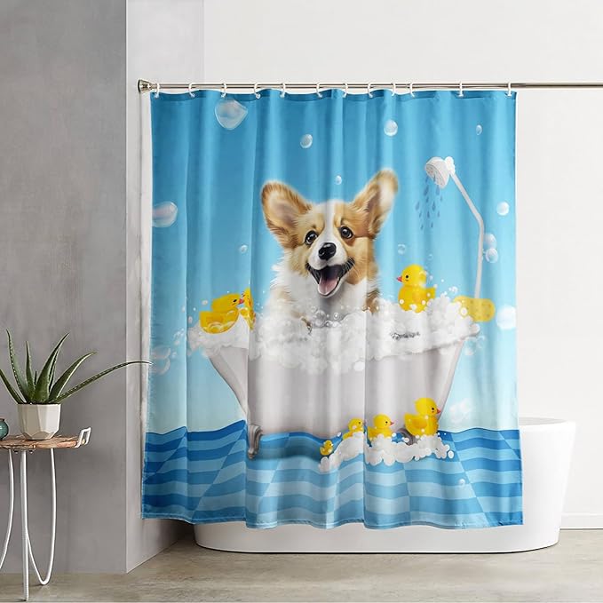 AILONEN 3D Bathtub Dog Shower Curtain for Kids 60" W*72" H Kawaii Shower Puppy and Bathtub Yellow Duck Shower Curtain,Polyester Waterproof Fabric Decor for Bathroom Bathtub Panels