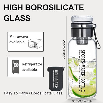 Glass Drinking Bottles,Borosilicate Sports water bottles, 34oz Capacity, With Stainless Steel Tea Strainer and Cup sleeve，Leak-Proof, BPA-Free, for Hot & Cold Beverages Tea, Juice(1PCS)