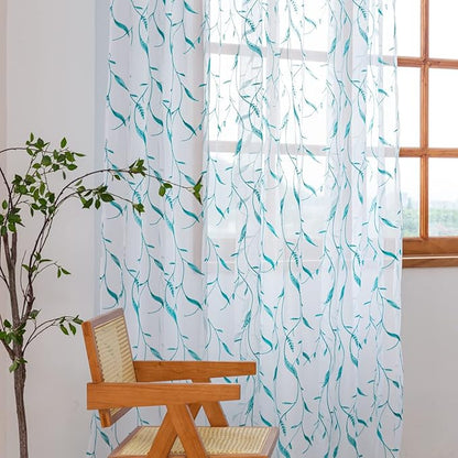 Windows Sheer Curtains Embroider Green Leaf 63 Inches Length 2 Panels Voile Light Filtering Sheer Curtains Panel Basic Rod Pocket for Bedroom Living Room Children Room