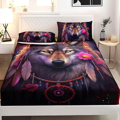 AILONEN Wolf Dream Catcher Fitted Sheet Set Twin XL Size, Wildlife Wolf Bed Sheet Set,Safari Animal Moon Wolf Fitted Sheet and 2 Pillowcases,3 Pieces(Boys/Men/Kids/Teens)