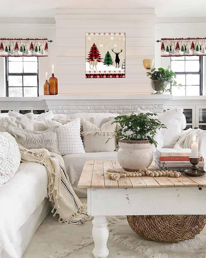 Farmhouse Christmas Kitchen Curtains Valances for Windows Rustic Plaid Christmas Tree Snowflakes Rod Pocket Short Curtain for Kitchen /Living Room/Bedroom/ Bathroom,60" X 18" -1 Panel, Red Green Black