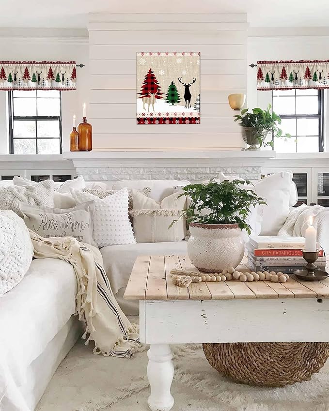 Farmhouse Christmas Kitchen Curtains Valances for Windows Rustic Plaid Christmas Tree Snowflakes Rod Pocket Short Curtain for Kitchen /Living Room/Bedroom/ Bathroom,42" X 12" -1 Panel, Red Green Black