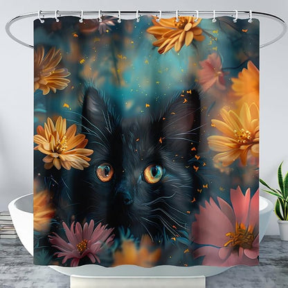 AILONEN Cute Black Cat Shower Curtain Set, Yellow Flower Kitty Cloth Shower Curtain Curtain for Bathroom,Cat Lovers Animal Shower Curtain Liner for Kids Boys Girls,72" W*96" H