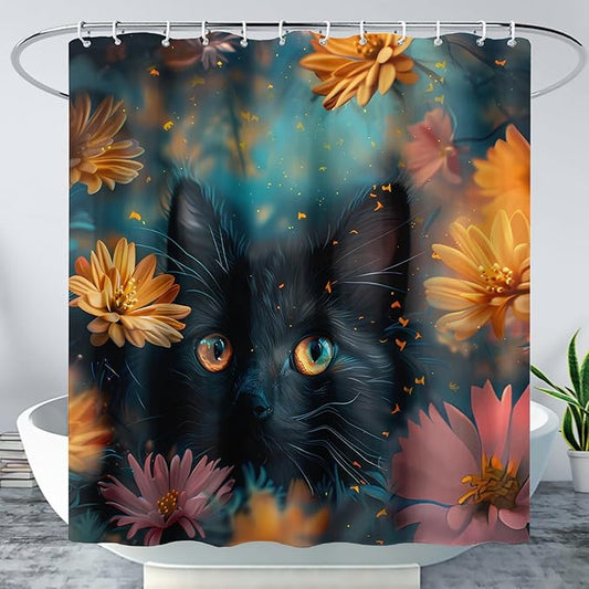 AILONEN Cute Black Cat Shower Curtain Set, Yellow Flower Kitty Cloth Shower Curtain Curtain for Bathroom,Cat Lovers Animal Shower Curtain Liner for Kids Boys Girls,72" W*96" H