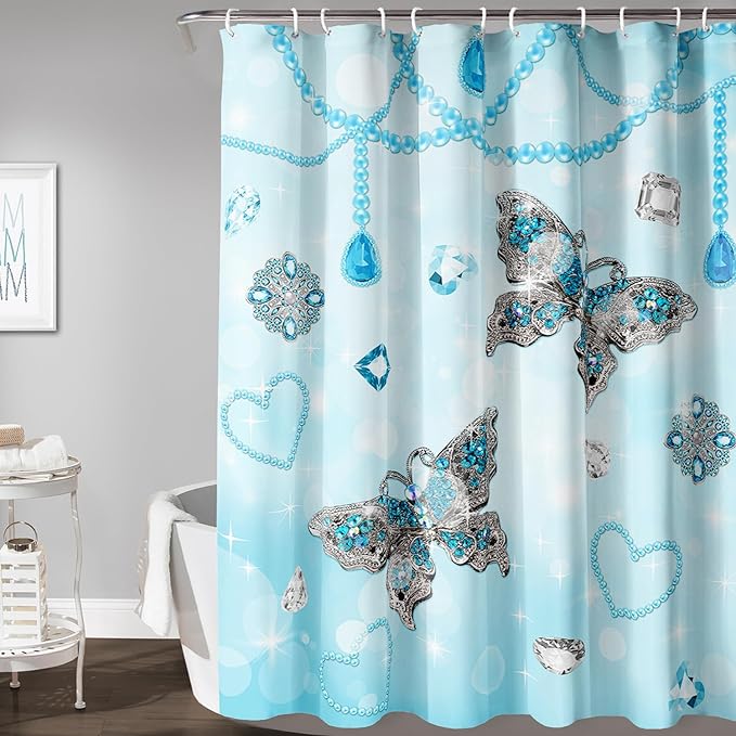 AILONEN Girls Butterfly Shower Curtain 48" W*72" H Blue Butterfly Women Teen Girls Bathroom Curtain,Metal Butterfly Pattern Curtain Polyester Waterproof Butterfly Bathroom Curtain with 12 Hooks