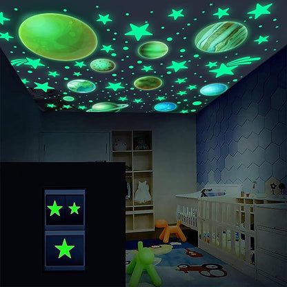 NICENEEDED Glow in The Dark Planets Stars Wall Decal, 435 PCS Star Ceiling Stickers with 10 PCS Planet Stickers, Self-Adhensive Luminous Sticker Decals for Bedroom Decoration