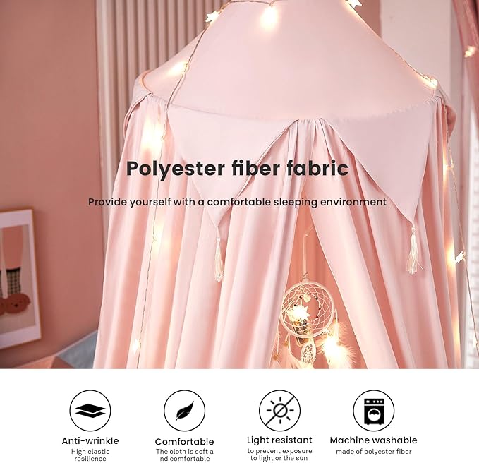 Akiky Bed Canopy for Girls with Lights Princess Dream Catcher for Kids Reading Nook Bed Tent for Twin Full Queen Size Bed,Room Decor (Beige Pink)