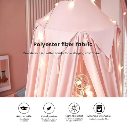 Akiky Bed Canopy for Girls with Lights Princess Dream Catcher for Kids Reading Nook Bed Tent for Twin Full Queen Size Bed,Room Decor (Beige Pink)