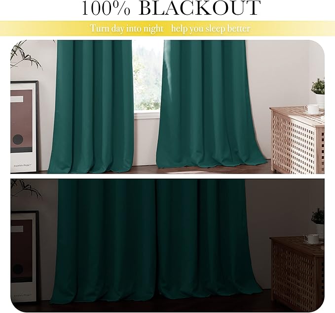 NICETOWN 100% Blackout Curtains with Same Color Liners, Solid Thermal Insulated Full Blackout Lined Drapes, Energy Efficiency Window Draperies for Bedroom (Emerald Green, 2 Panels, 42" W by 63" L)