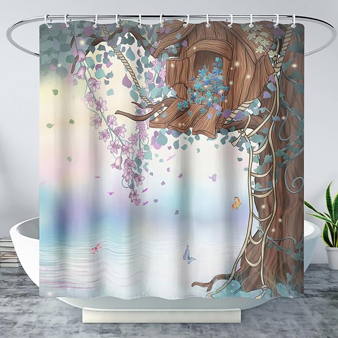 AILONEN Blue Tree Leaves Shower Curtain,Botanical Floral Plants Vine Shower Curtain,Butterfly Floral Shower Curtain for Bathroom Decor Polyester Waterproof with Grommets and Hooks 72" W*96" H