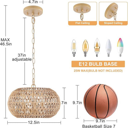 Rattan Farmhouse Chandeliers for Dining Room, 3-Light Boho Chandelier with Wicker Lampshade, Coastal Hanging Ceiling Pendant Light Fixtures for Kitchen Island Bedroom Living Room, E12 Base