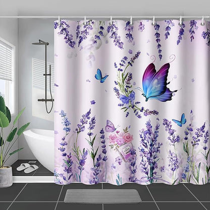 AILONEN Girls Butterfly Shower Curtain for Bathroom, Blooming Lavender Flower Purple Bath Curtain 60" W*72" H Polyester Fabric Waterproof Bathroom Curtain with 12 Hooks
