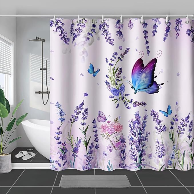 AILONEN Girls Butterfly Shower Curtain for Bathroom, Blooming Lavender Flower Purple Bath Curtain 72" W*96" H Polyester Fabric Waterproof Bathroom Curtain with 12 Hooks