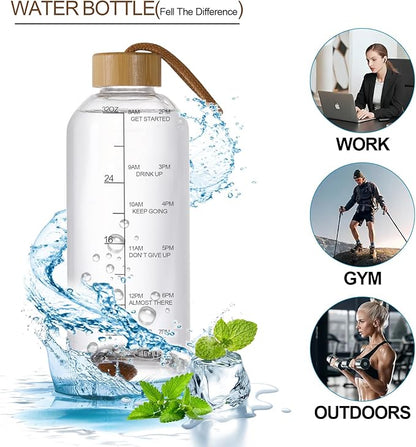 Crazy Music 32 oz Clear Glass Water Bottles,Reusable Glass Juicing Bottles with Stainless Steel Leak Proof Lids -16 oz Sports Water Bottle with Time Marker for Gym, Sports, Outdoors(32 Oz Gold