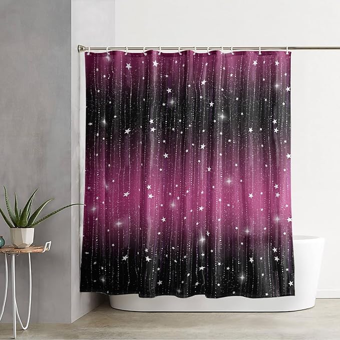 AILONEN White Star Shower Curtain,Dreamy Starry Sky Bathroom Fabric Shower Curtain for Girls Boys Kids Teens, 60" W*72" H Black and Purple Theme Bathroom Decor