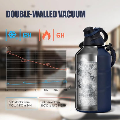 Insulated Half Gallon Water Bottle 64oz with Magnetic Lid,Stainless Steel Double-Wall Vacuum Leak Proof Sports Insulated Jug with Paracord Handle, Keep Water Hot & Cold for Outdoor,Gym