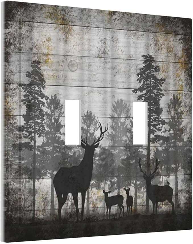 Rustic Deer Forest Vintage Wood Board Double Toggle Boho Light Switch Covers Decorative Country Unique 2 Gang Wall Plate Dual Electrical Faceplate Switchplate for Farmhouse Cabin Decor