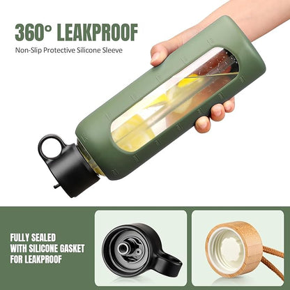 24oz Glass Water Bottle With 2 Lids-Flip Straw Lid, Bamboo Lid, Glass Water Bottle With Silicone Sleeve, Motivational Time Marker, Glass Juice Bottle for Cold Drink,Plive