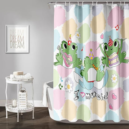 AILONEN Frog Shower Curtain, Cute Frog Bathroom Curtain,Music Frog Green Cartoon Kids Shower Curtain 36" W*72" H Polyester Waterproof Frog Bathroom Curtain with 12 Hooks