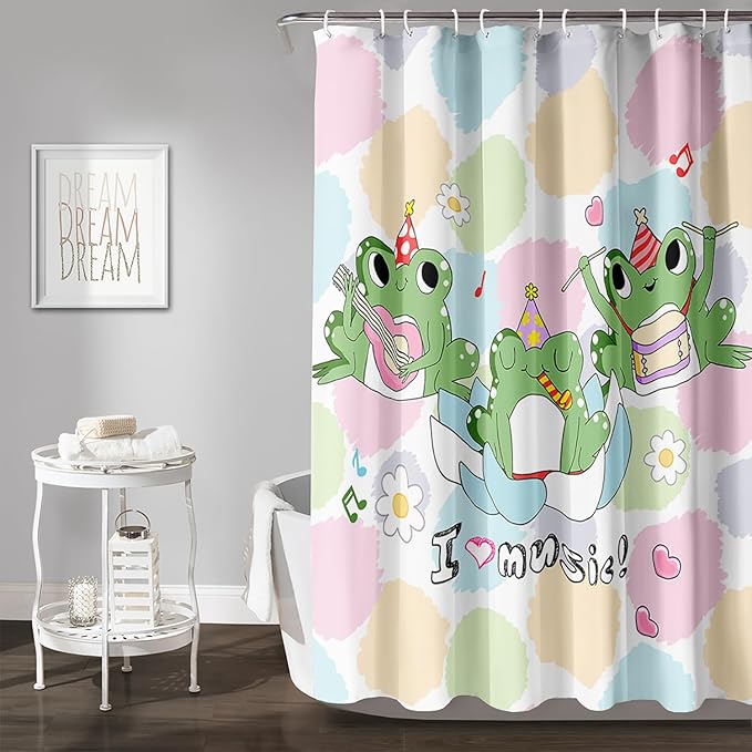 AILONEN Frog Shower Curtain, Cute Frog Bathroom Curtain,Music Frog Green Cartoon Kids Shower Curtain 60" W*72" H Polyester Waterproof Frog Bathroom Curtain with 12 Hooks