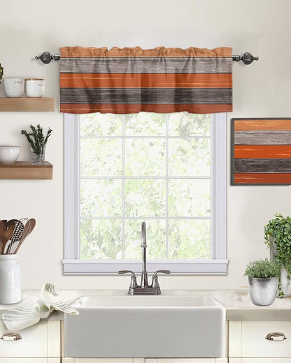 Farmhouse Kitchen Curtains Thanksgiving Fall Valances for Windows Burnt Orange Gray Rod Pocket Country Window Treatment for Kitchen /Living Room/Bedroom/ Bath,42" X 12" -1 Panel, Rustic Wood Texture