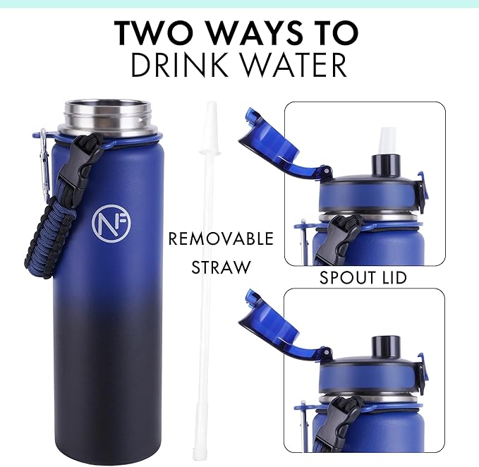 32 oz Insulated Water Bottle With Detachable Straw & Paracord Handle, Stainless Steel Thermos Water Bottle with Leakproof Lockable Lid, BPA-Free Sports Bottle (Blue Black Gradient)
