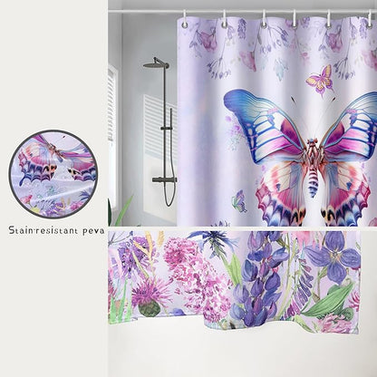 AILONEN Colorful Butterfly Shower Curtain for Girl Women,Purple Flower Beautiful Butterfly Printed Bath Curtain 72" W*84" H Polyester Fabric Waterproof Bathroom Bathtub Curtain with 12 Hooks