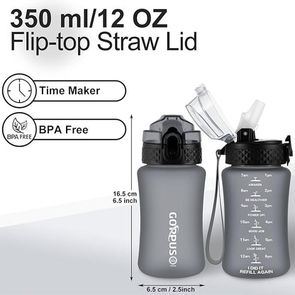 GOPPUS Kids Water Bottle with Straw Spout Lid 10pcs Stickers 12 oz Leak-proof BPA Free Motivational Time Marker Tritan Plastic Water Bottles for Girls Boys School Sports