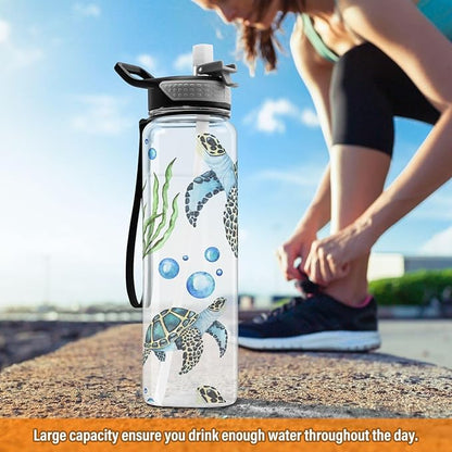 senya Watercolor Sea Turtles Sport Water Bottle with Straw Tritan Clear Bottle for Outdoor Gym Travel
