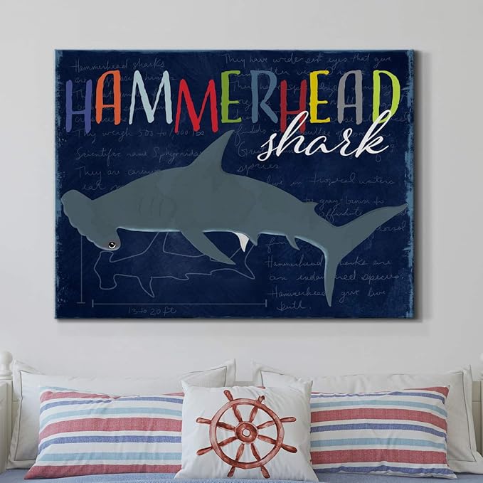 Renditions Gallery Canvas Animal Wall Art Modern Decorations Paintings Colorful Playful Hammerhead Shark Abstract Vibrant Lifestyle Artwork Prints for Kids Bedroom Nursery - 24"x36" LT33