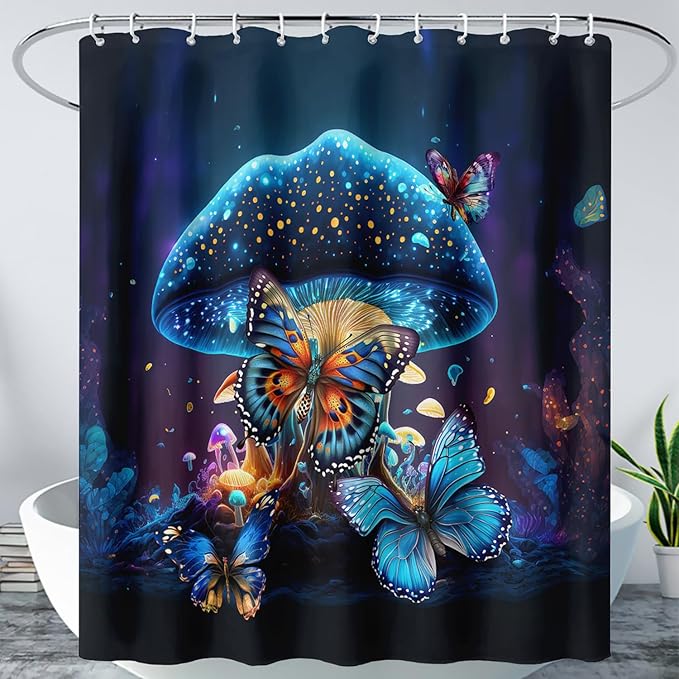 AILONEN Beautiful Butterfly Shower Curtain Bathroom 72" W*78" H Sparkly Blue Butterflies Curtain Cloth Fabric Bathroom for Girls Kids,Magic Mushroom Shower Curtain Set