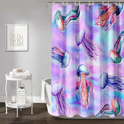 AILONEN Jellyfish Shower Curtain,Cartoon Sea Animal Jellyfish Bath Curtain Set for Kids Girls,Tie Dye Starry Night Fabric Shower Curtains for Bathroom, 72" W*84" H