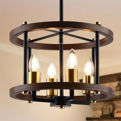 MO&OK 4-Lights Vintage Wood Color Farmhouse Wooden Metal Chandeliers Flush Mount Ceiling Light Fixture Farmhouse Chandelier for Dinning Room Living Room Bedroom Hallway Entryway Kitchen