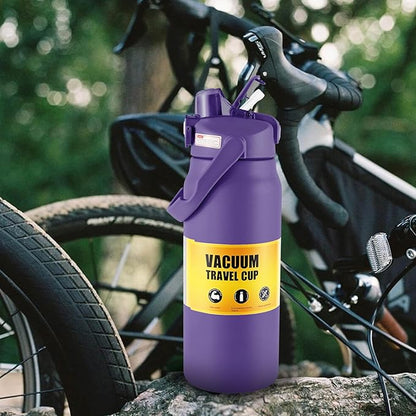 50oz/1.5L Insulated Sports Water Bottle, Stainless Steel Double Wall Water Jug with Handle, 2-in-1 Chug Spout and Straw Lid with Lock Cover for School, Outdoor, Sports & Travel, Purple
